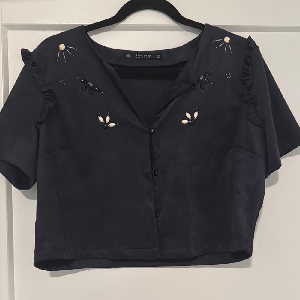 Zara Basic Embellished Suede Feeling Crop Button … - image 1